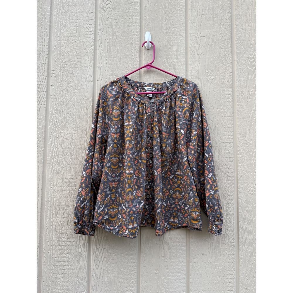 Duluth Large Blouse Cottagecore Mushroom Fox Print Cotton Blend Button Up